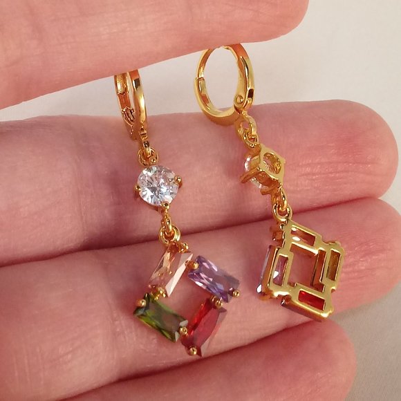 18K Yellow Gold Filled Diamond Zircon Rhombus Shape Dangle Earrings Party Gift - Picture 4 of 4